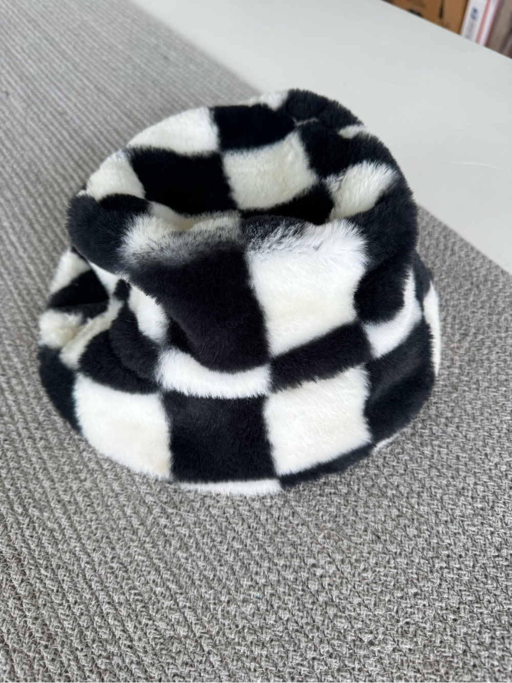 Vintage Y2K Claire's Black & White Faux Fur Checkered Checks Bucket Hat